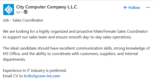 Hiring sales coordinator in Abu Dhabi